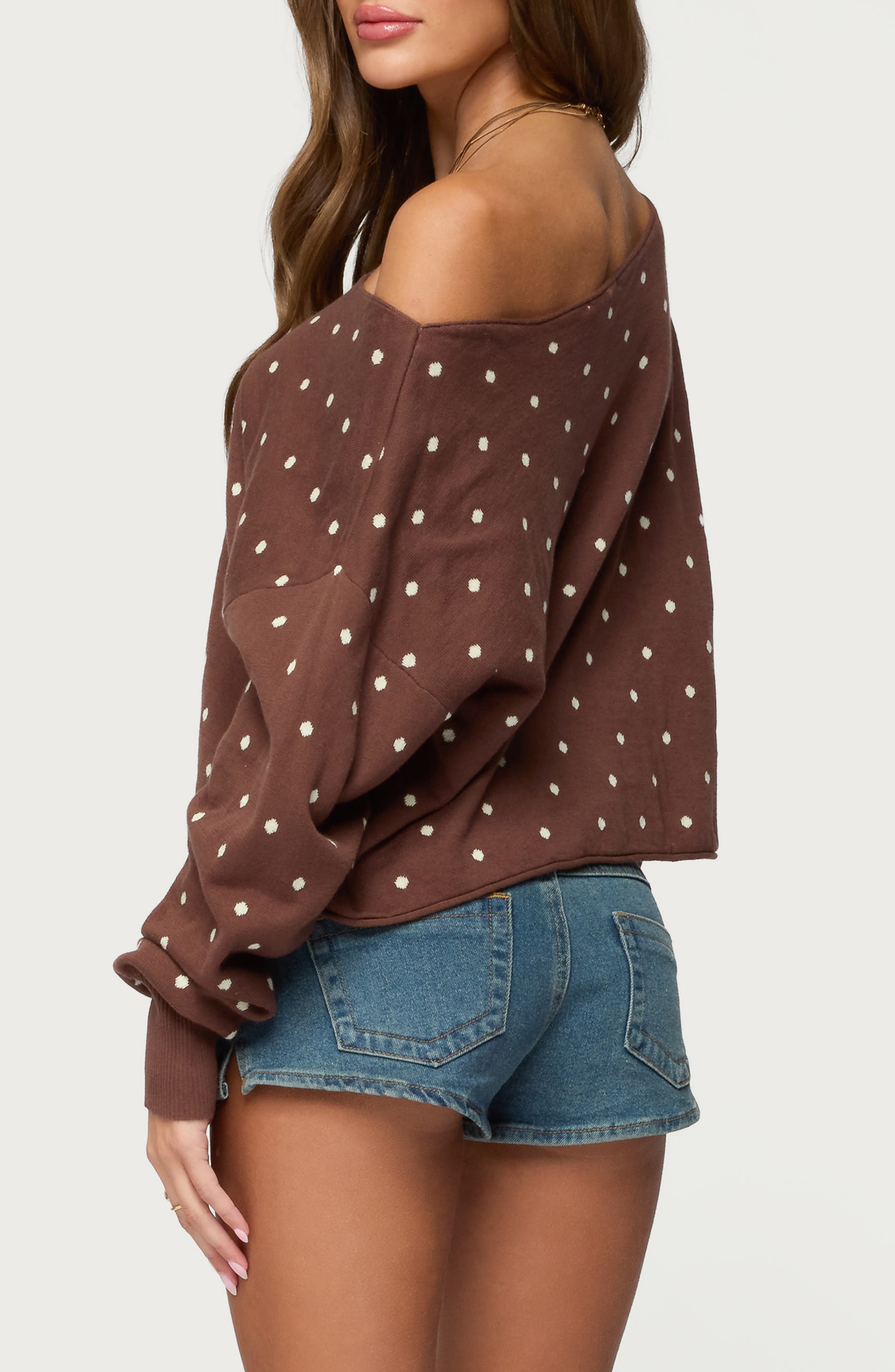 Oversize Off the Shoulder Polka Dot Sweater - image 2