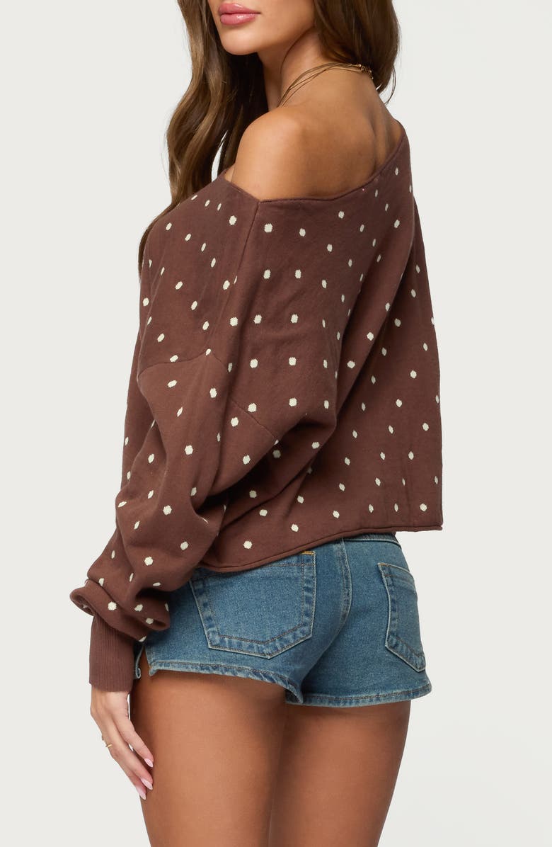 EDIKTED Oversize Off the Shoulder Polka Dot Sweater, Alternate, color, Brown