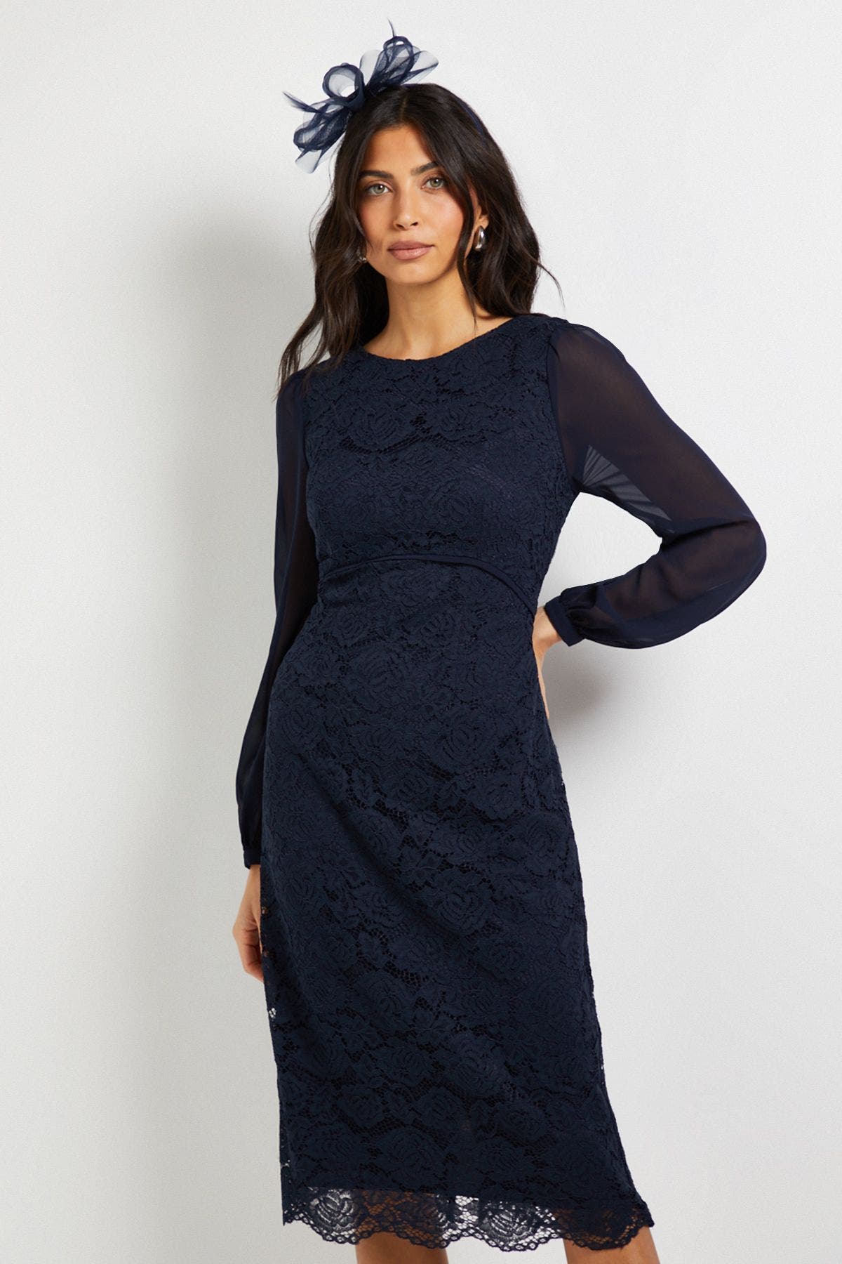 Lace Chiffon Cowl Back Pencil Dress - image 2