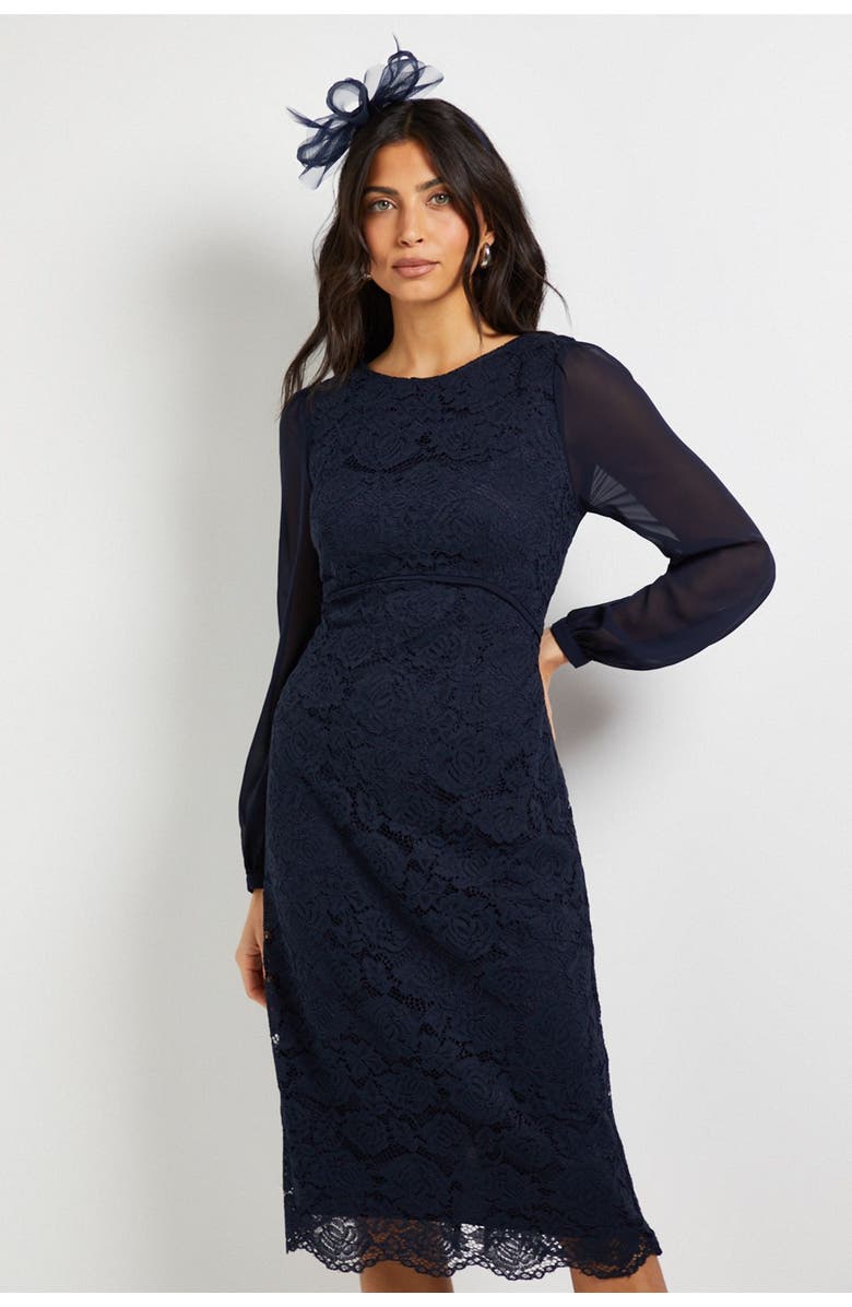 Wallis Lace Chiffon Cowl Back Pencil Dress, Alternate, color, Navy