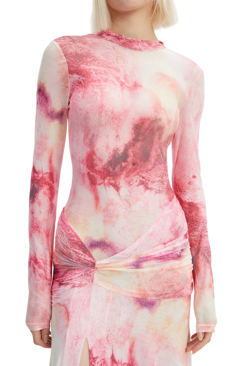 Bardot Lea Ruched Long Sleeve Mesh Maxi Dress, Alternate, color, Pink Tie Dye