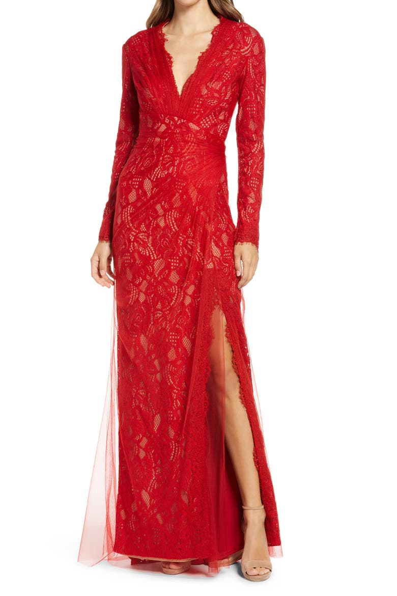 Long Sleeve Lace & Tulle Body-Con Gown, Main, color, RED ROCK