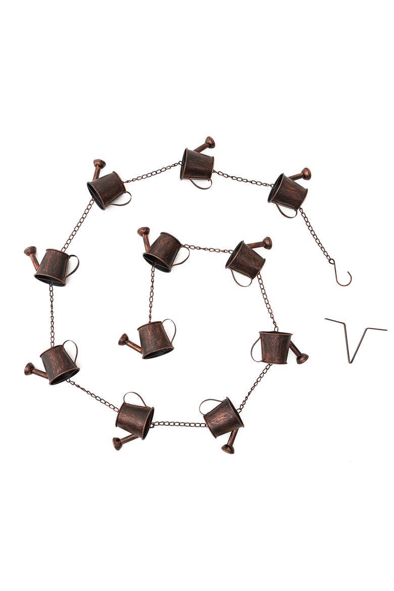 8.5ft 11-Piece Faux Copper Watering Pot Rain Chain with V-Shaped Gutter Clip, Alternate, color, Brown