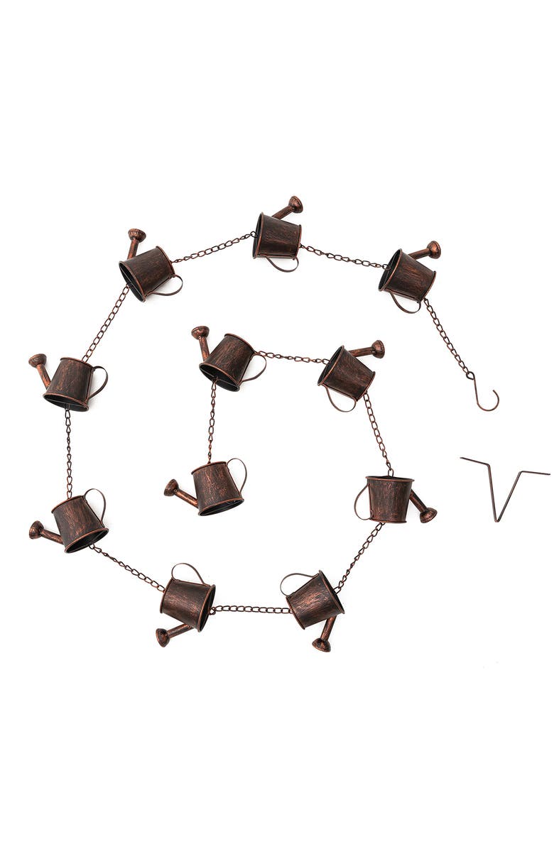 Glitzhome 8.5ft 11-Piece Faux Copper Watering Pot Rain Chain with V-Shaped Gutter Clip, Alternate, color, Brown