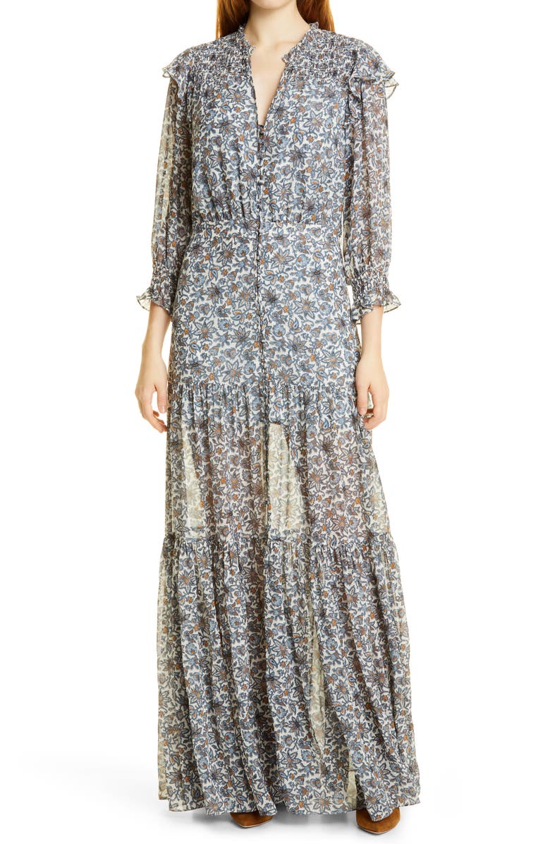 Veronica Beard Nitza Floral Long Sleeve Silk Maxi Dress, Main, color,