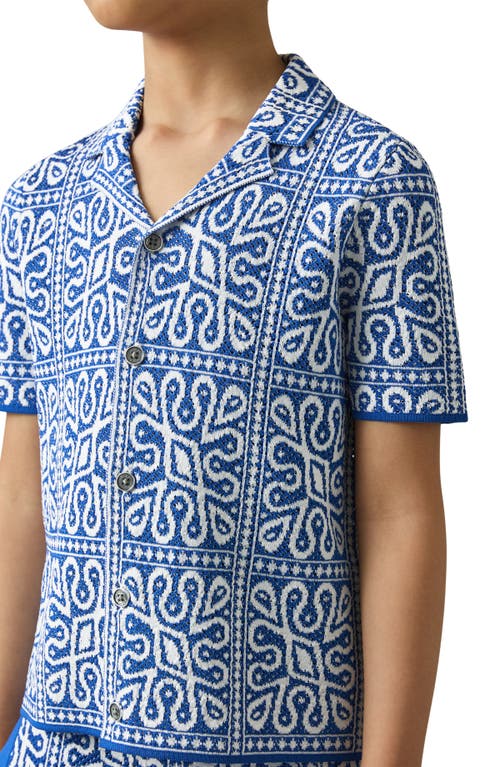 Reiss Kids' River Jr. Tile Pattern Short Sleeve Knit Button-up Shirt In Blue/white