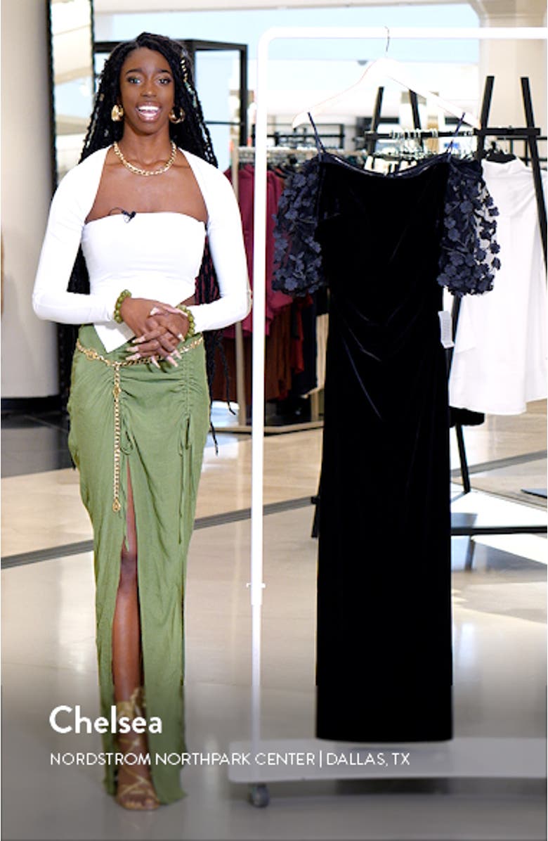 Floral Appliqué Off the Shoulder Velvet Gown, sales video thumbnail