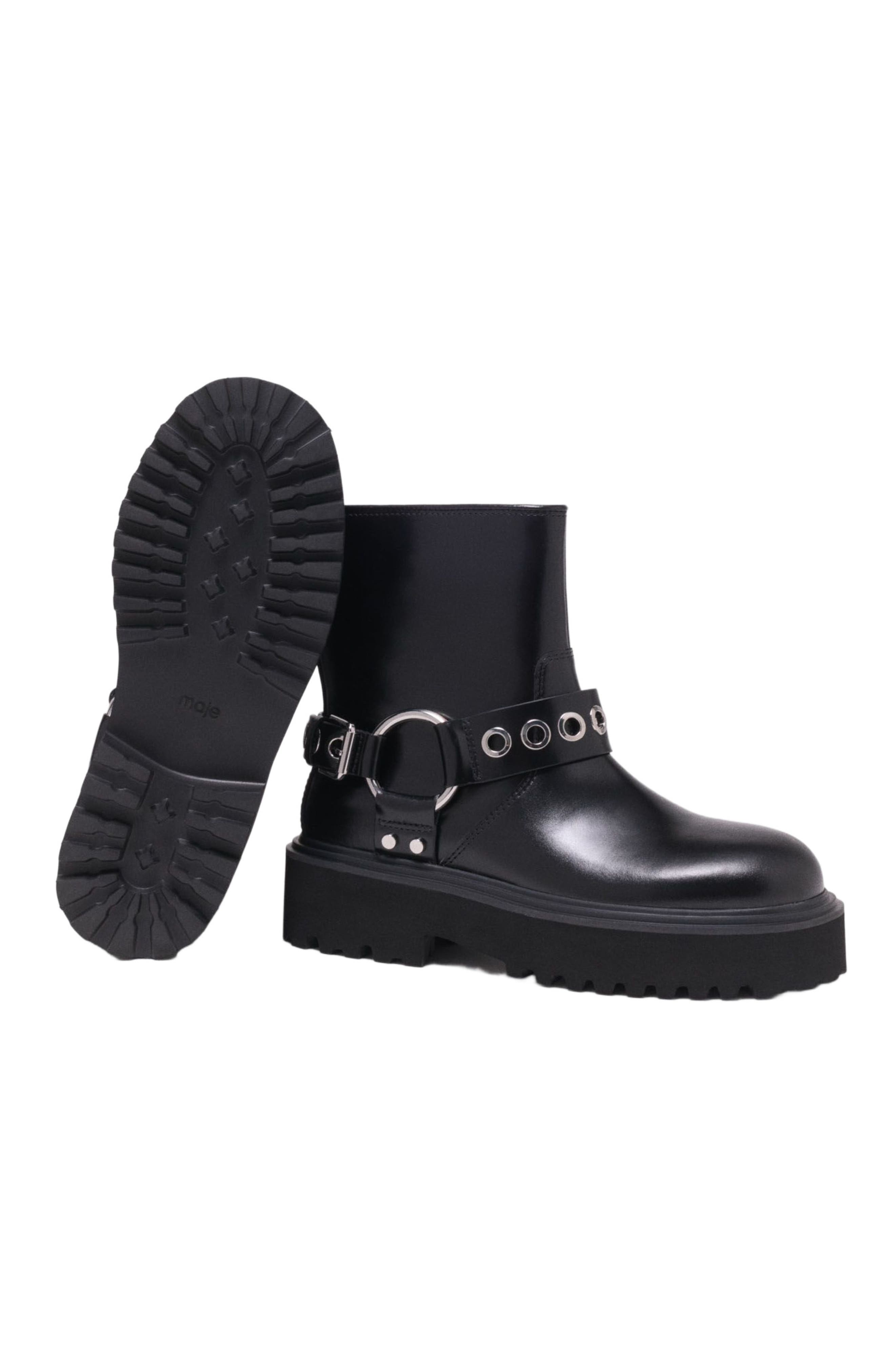 maje Leather biker boot, Alternate, color, Black