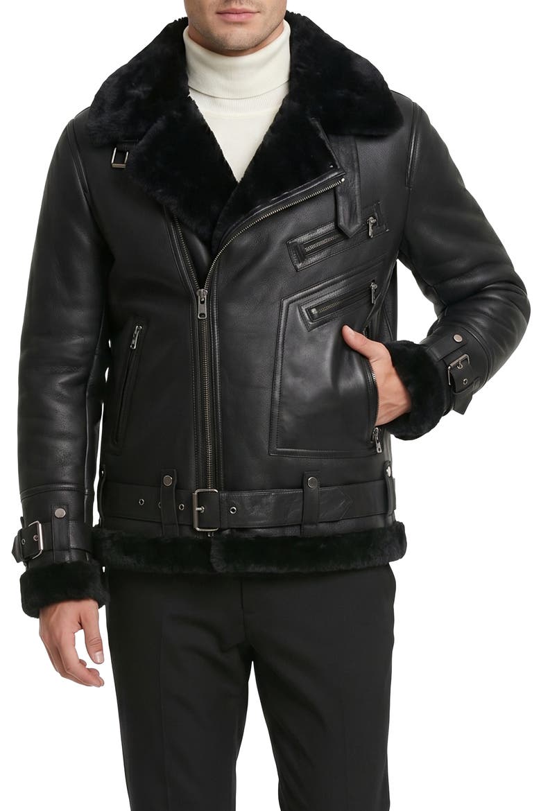 Men's  Genuine Shearling  Moto Zip Jacket, Alternate, color, BLACK