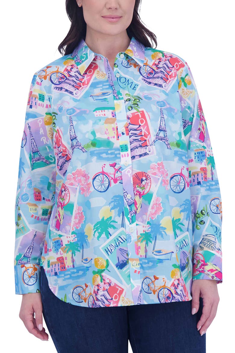 Meghan Travel Print Cotton Button-Up Shirt, Main, color, BLUE MULTI