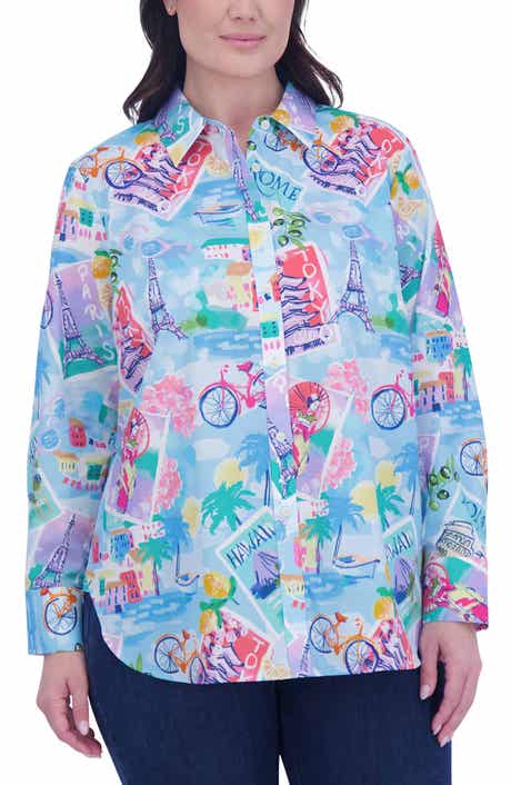 Foxcroft Meghan Travel Print Cotton Button-Up Shirt