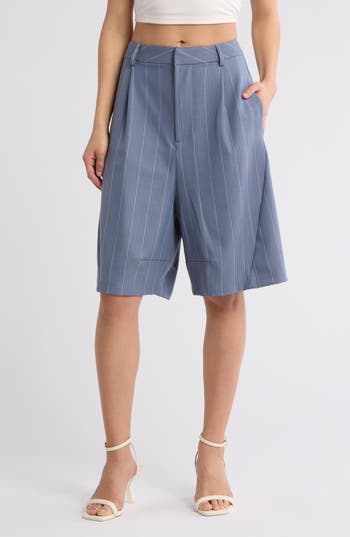 Shop Free People Something About You Pinstripe Trouser Shorts In Blue