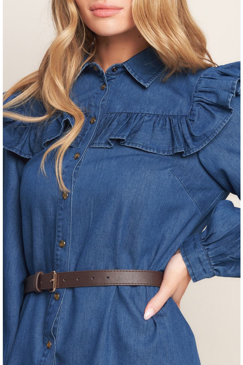 Ruffle Long Sleeve Belted Denim Shirtdress, Alternate, color, MEDIUM INDIGO