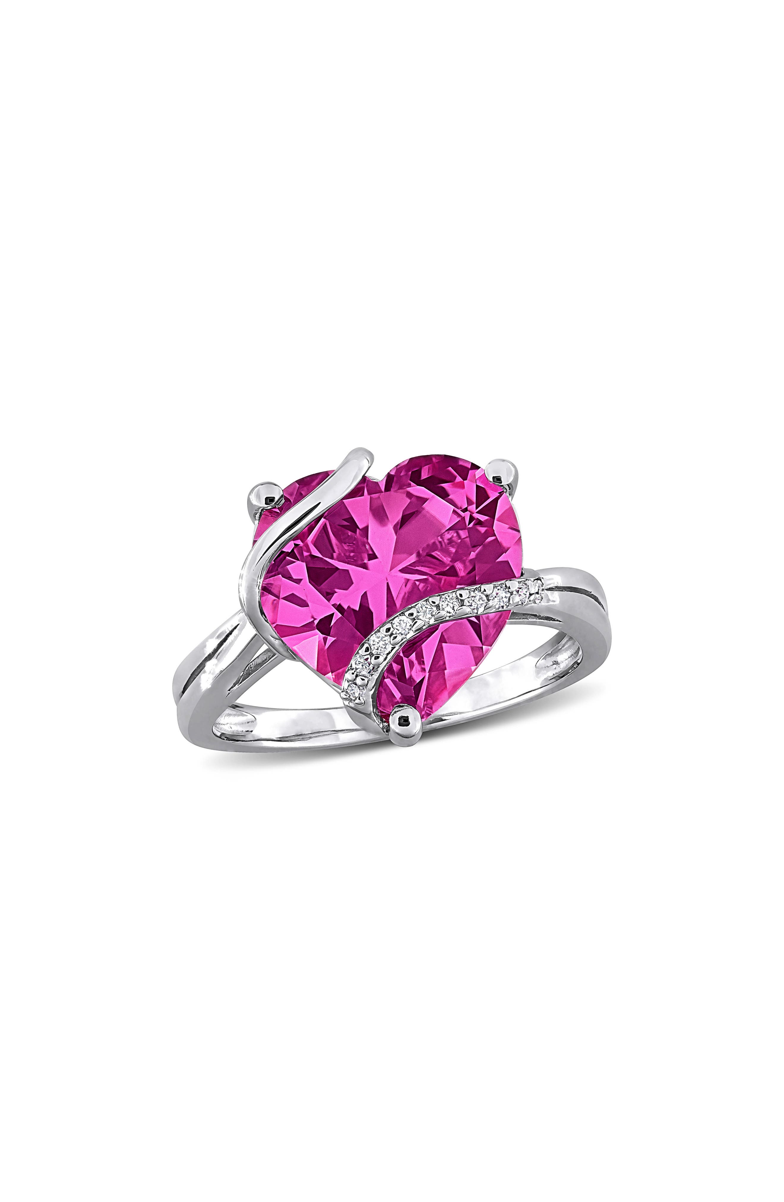 DELMAR Sterling Silver Lab Grown Pink Sapphire & Diamond Heart Ring