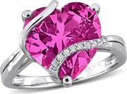 DELMAR Sterling Silver Lab Grown Pink Sapphire & Diamond Heart Ring