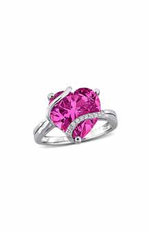 DELMAR Sterling Silver Lab Grown Pink Sapphire & Diamond Heart Ring