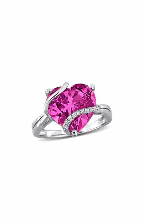DELMAR Sterling Silver Lab Grown Pink Sapphire & Diamond Heart Ring