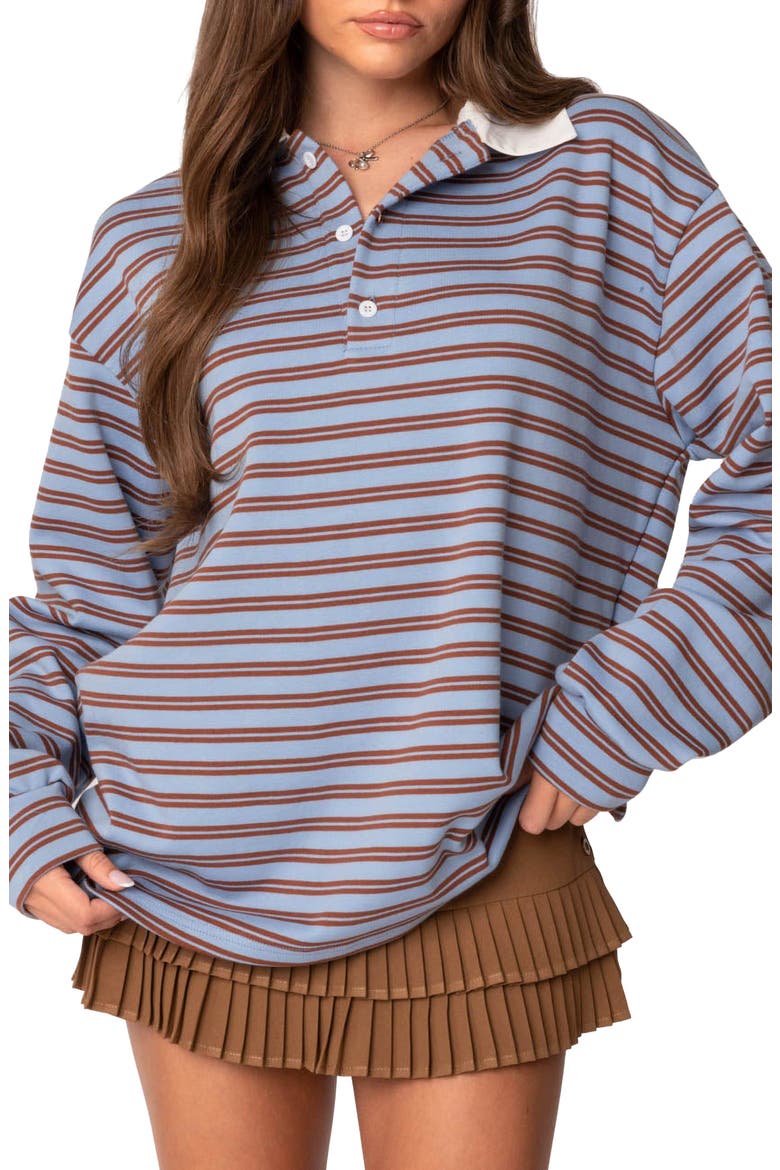 Stripe Long Sleeve Oversize Polo, Main, color, BLUE