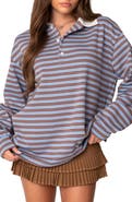 EDIKTED Stripe Long Sleeve Oversize Polo
