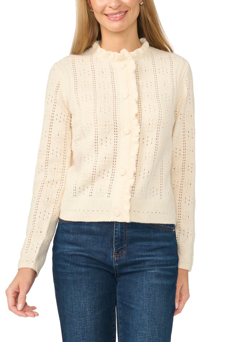 Ruffled Pointelle Cardigan, Main, color, IVORY ROSE