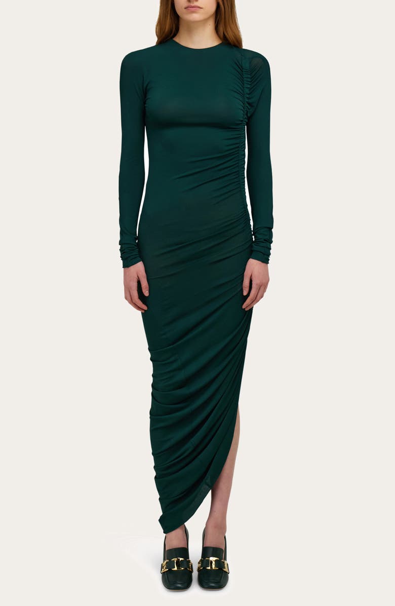 FERRAGAMO Side Ruched Asymmetric Long Sleeve Jersey Dress, Alternate, color, Moss