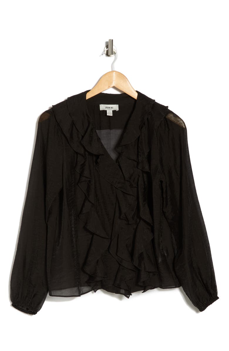JASON WU Ruffle V-Neck Long Sleeve Top, Alternate, color, Black