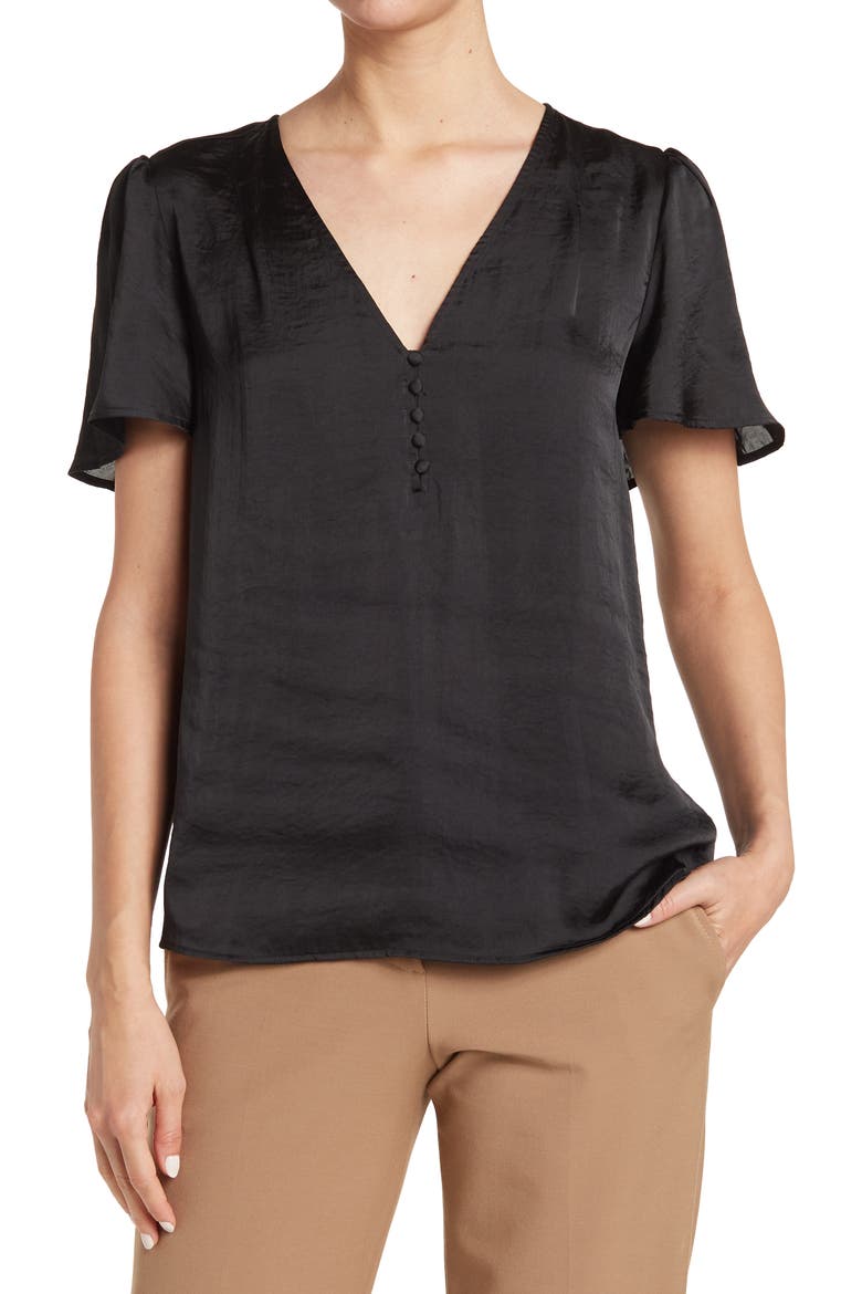 Sevina Flutter Sleeve Satin Blouse, Main, color, BLACK