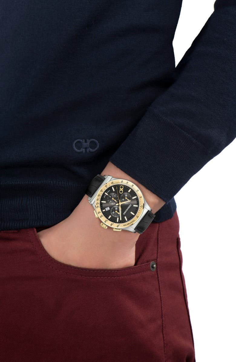 FERRAGAMO 1927 Chronograph Leather Strap Watch, 42mm, Alternate, color, Two Tone Black