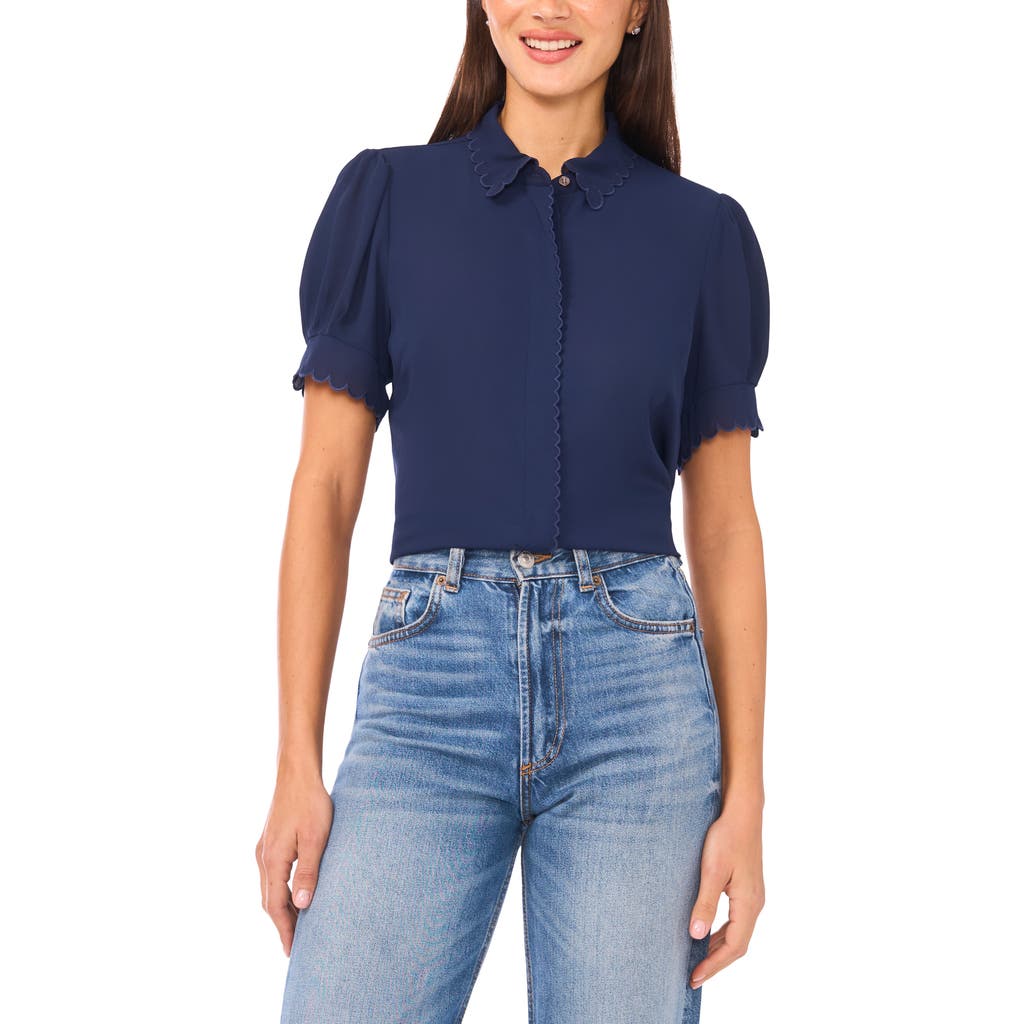 Cece Scallop Short Sleeve Top In Blue