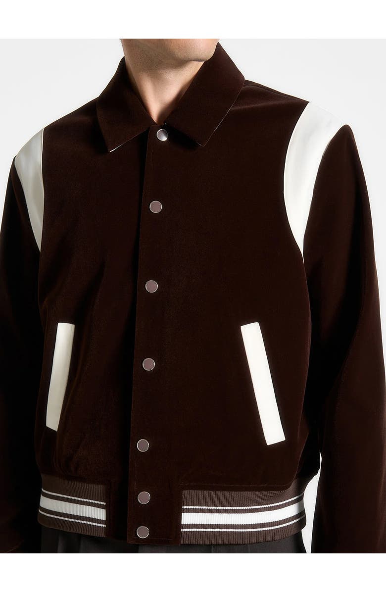 Manière De Voir Nico Velvet & Satin Varsity Jacket, Alternate, color, Brown