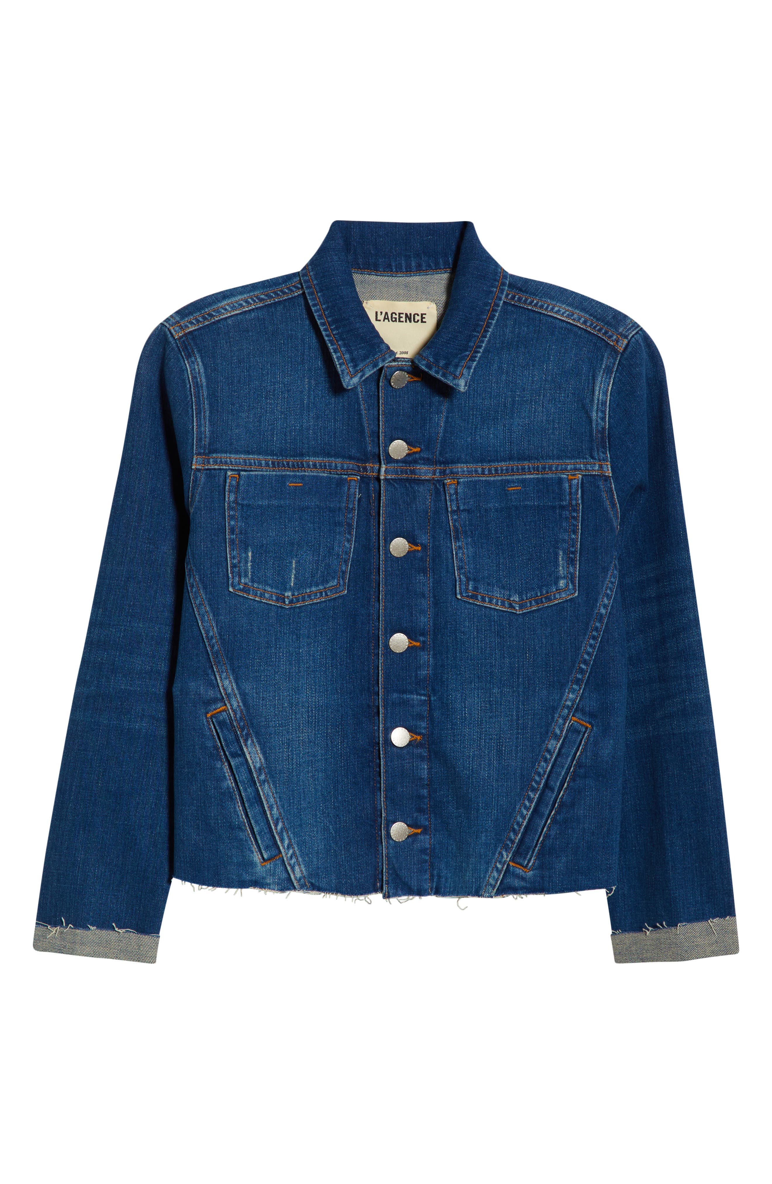 Женские L'AGENCE Janelle Slim Fit Raw Hem Denim Trucker Jacket — фото 6