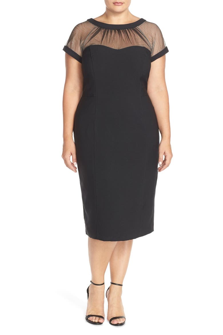 Illusion Yoke Crepe Sheath Dress, Alternate, color, BLACK