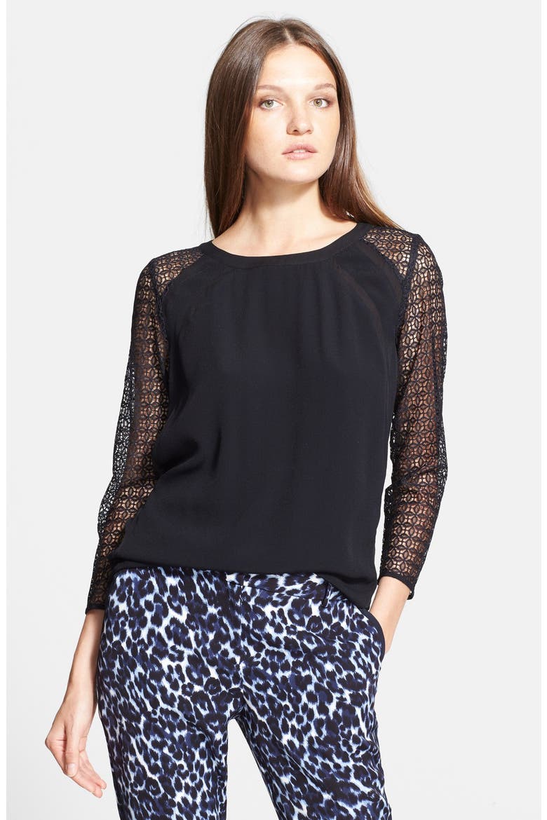 Lace Sleeve Silk Trim Crepe Top, Main, color, BLACK