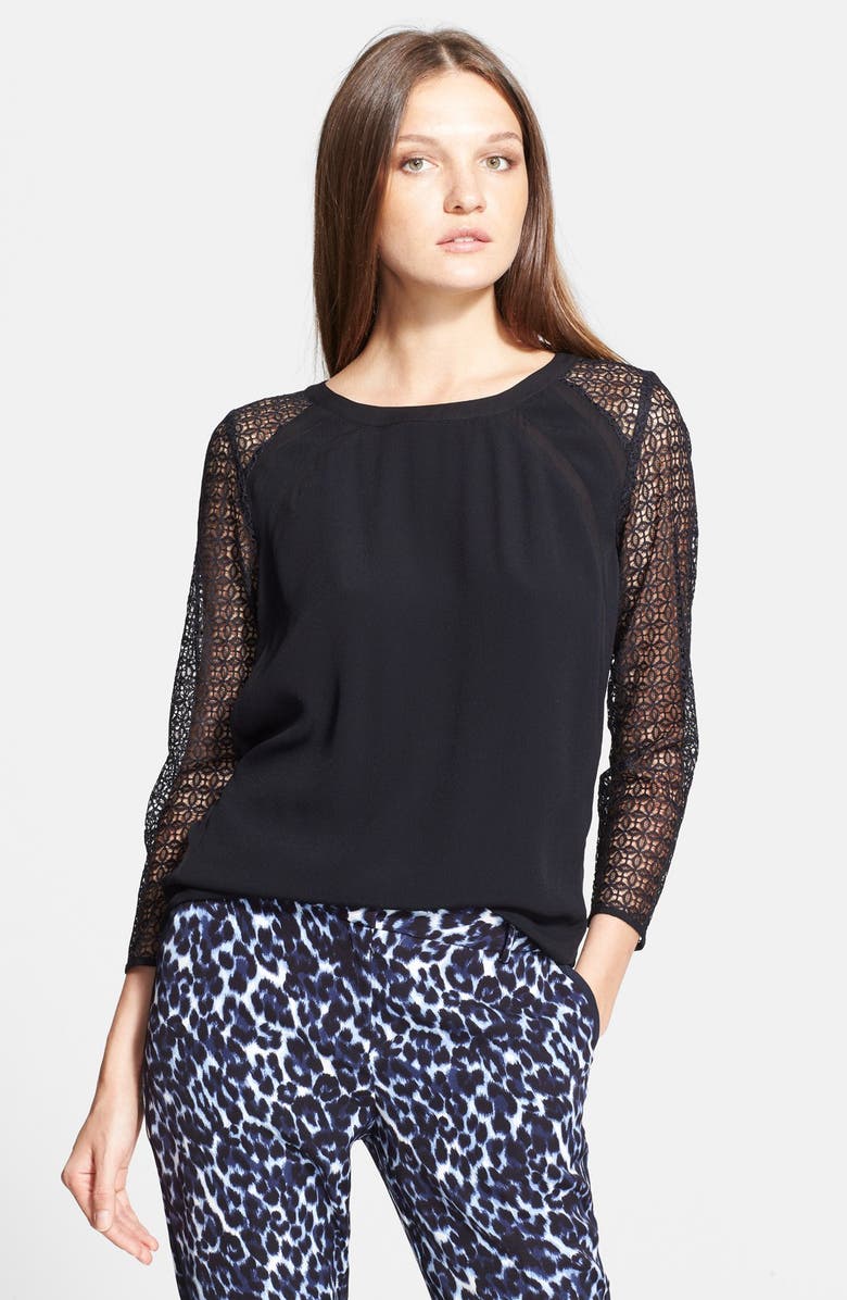 Rebecca Taylor Lace Sleeve Silk Trim Crepe Top, Main, color,