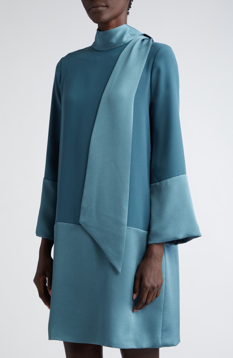ST. JOHN Scarf Neck Long Sleeve Crepe Back Satin Shift Dress, Alternate, color, Prussian Blue