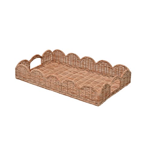 Scalloped 21.5" Southwestern Cottage Hand-Woven Rattan Tray with Handles, Natural