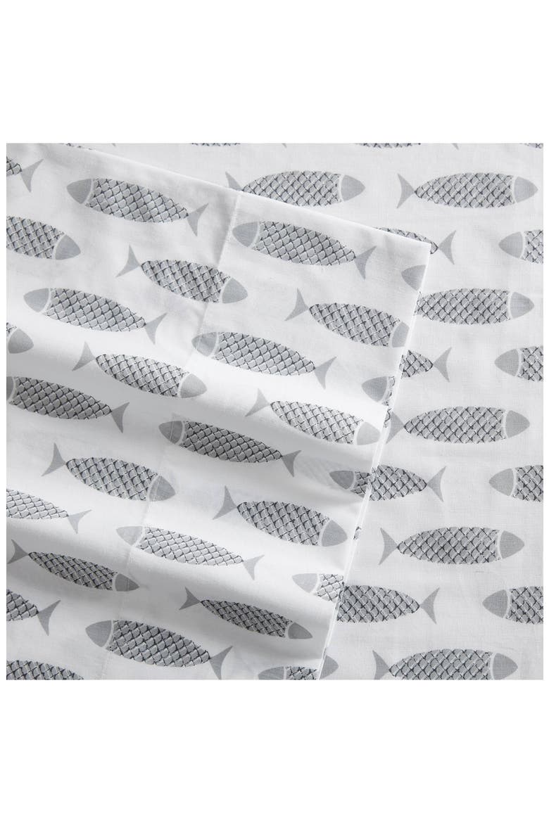 Woodblock Fish Cotton Percale Sheet Set, Alternate, color, GREY