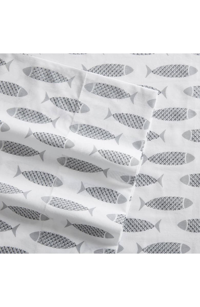 Nautica Woodblock Fish Cotton Percale Sheet Set, Alternate, color, Grey