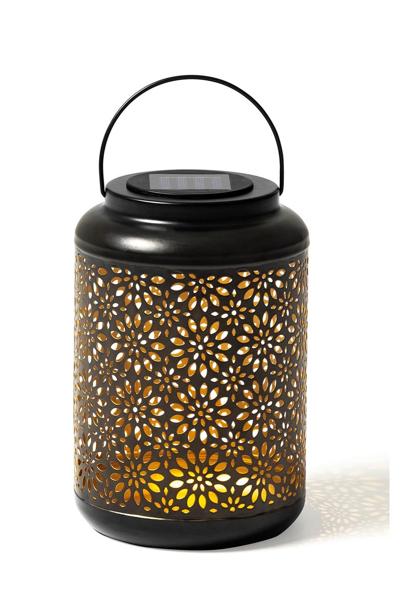 Metal Cutout Flower Solar Powered Outdoor Hanging Lantern with LED Light, Main, color, Black