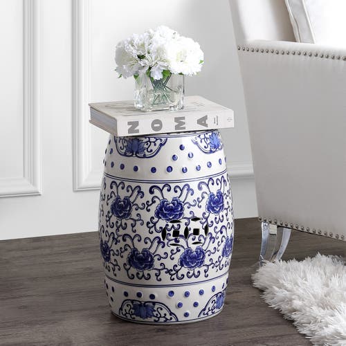 Jonathan Y Lotus Flower 17.8" Chinoiserie Ceramic Drum Garden Stool In Blue/white