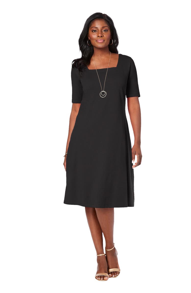 Jessica London Stretch Cotton Square Neck Midi Dress, Main, color, Black