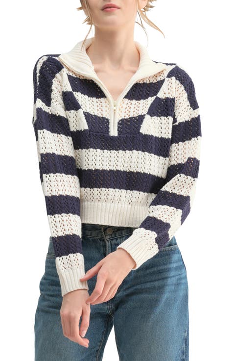 Stripe Open Stitch Half Zip Sweater