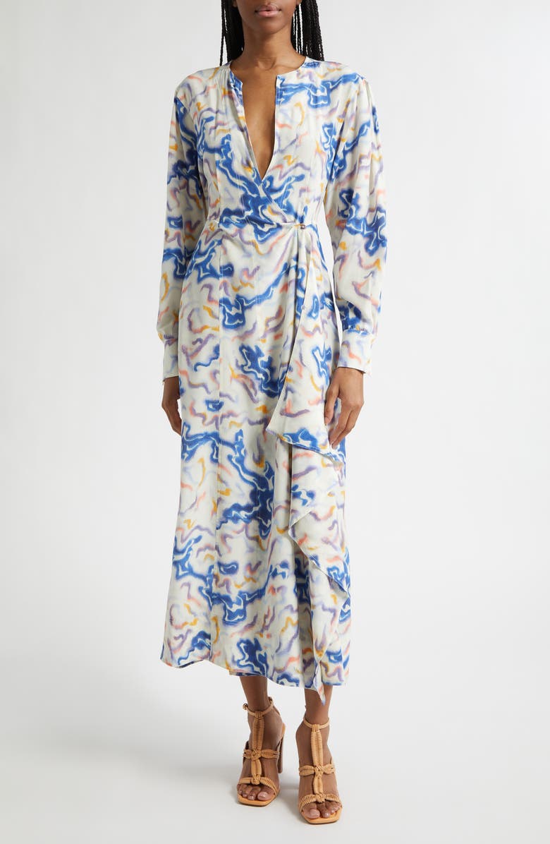 Ulla Johnson Adalyn Ikat Wave Print Long Sleeve Silk Crêpe de Chine Midi Dress, Main, color, Prism