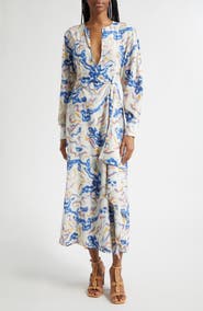 Ulla Johnson Adalyn Ikat Wave Print Long Sleeve Silk Crêpe de Chine Midi Dress