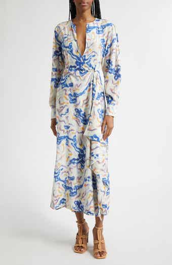 Adalyn Ikat Wave Print Long Sleeve Silk Crêpe de Chine Midi Dress