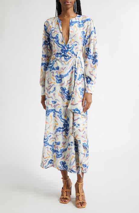 Adalyn Ikat Wave Print Long Sleeve Silk Crêpe de Chine Midi Dress