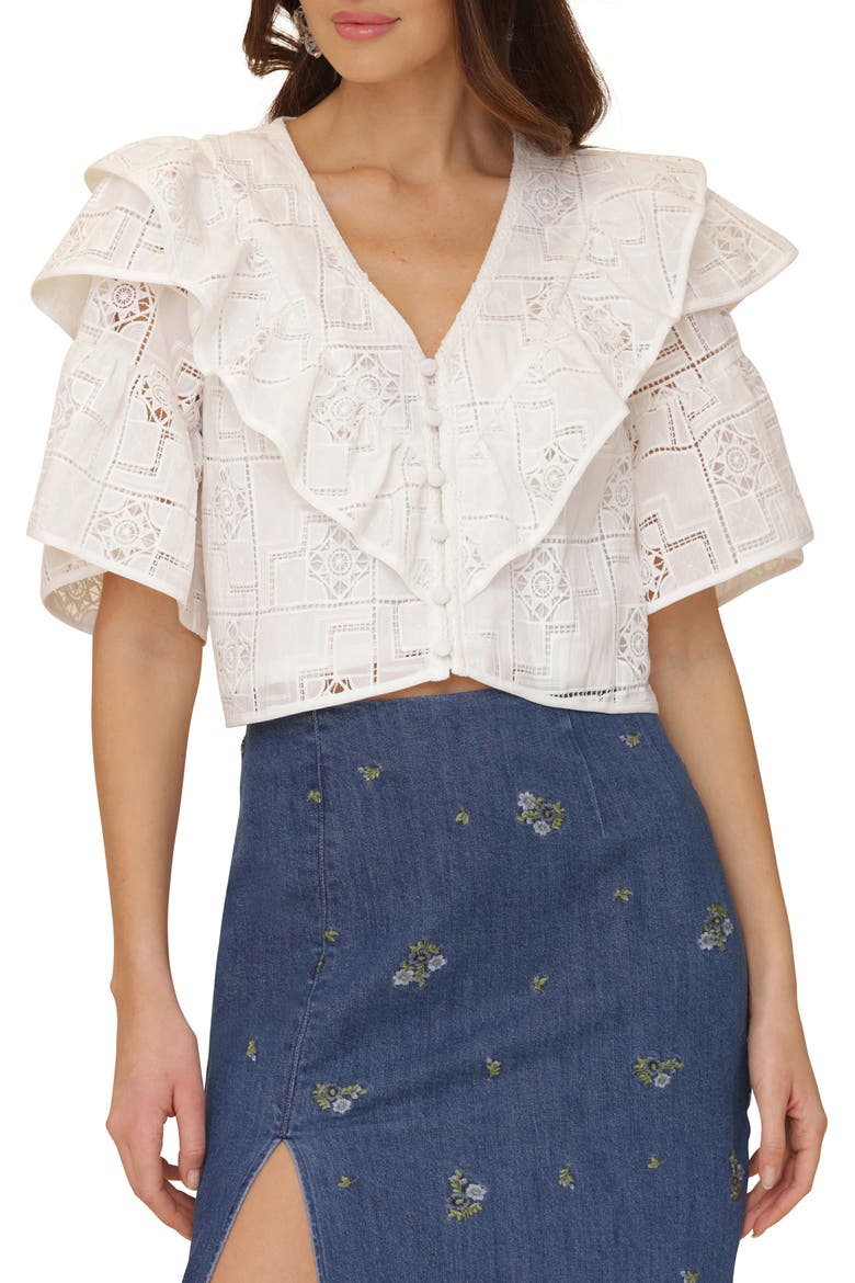 Ruffle Tiered Button-Up Crop Top, Main, color, WHITE
