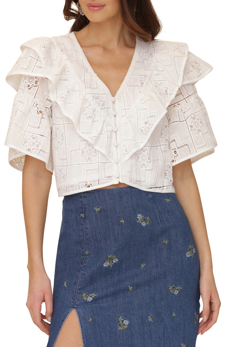 Avec Les Filles Ruffle Tiered Button-Up Crop Top, Main, color, White