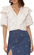 Avec Les Filles Ruffle Tiered Button-Up Crop Top