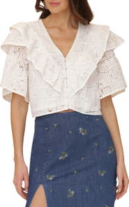 Avec Les Filles Ruffle Tiered Button-Up Crop Top